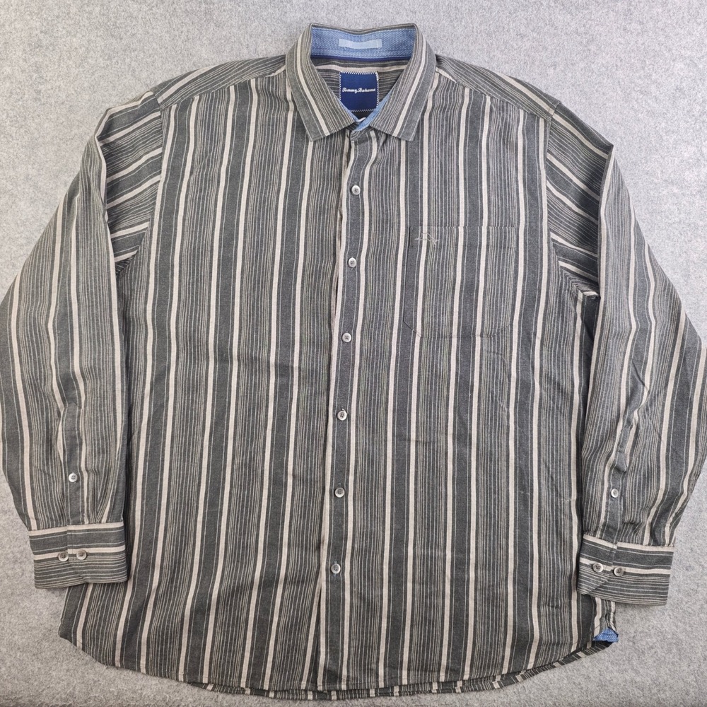 Tommy Bahama Mens XL Gray Striped Long Sleeve Cotton Button Up Shirt 13936